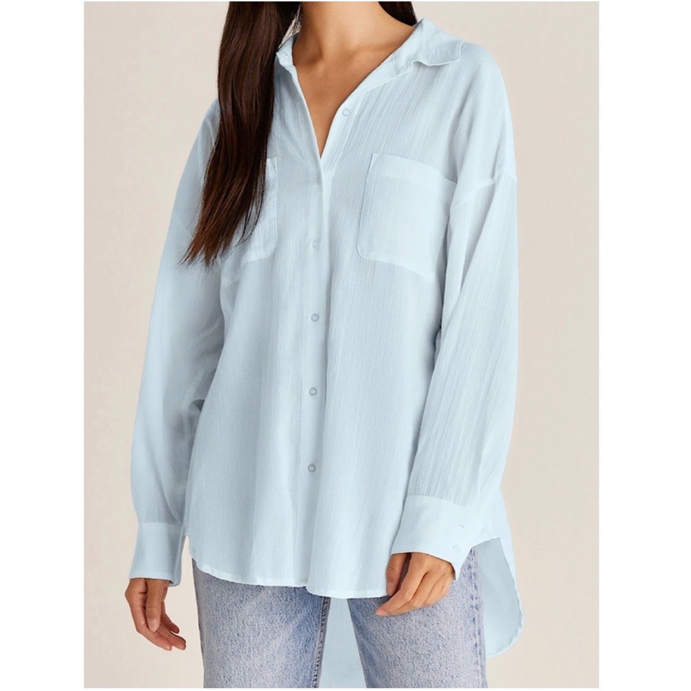 Z Supply Lalo Long Sleeve Button Up Crinkled Shirt, Iced Turquoise Size M/L NWT